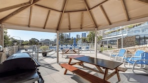 An outdoor patio area with a covered seating area, a barbecue grill, and a poolside view. - Sunny Surfers Stay - Beach & Tram at your doorstep (Surfers Paradise)