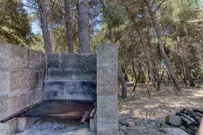 A stone-built outdoor grill area with a metal grate, surrounded by trees and a wooden swing set.