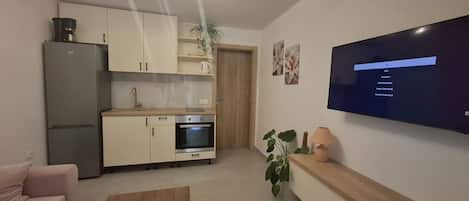 A modern kitchen with a built-in oven, a refrigerator, and a wooden countertop. There is a flat-screen TV mounted on the wall, a potted plant, and a wooden coffee table.