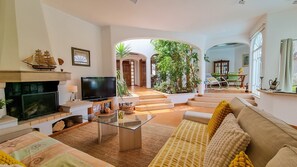 A living room with a TV, sofa, and a fireplace. There are plants and a dining area in the background.