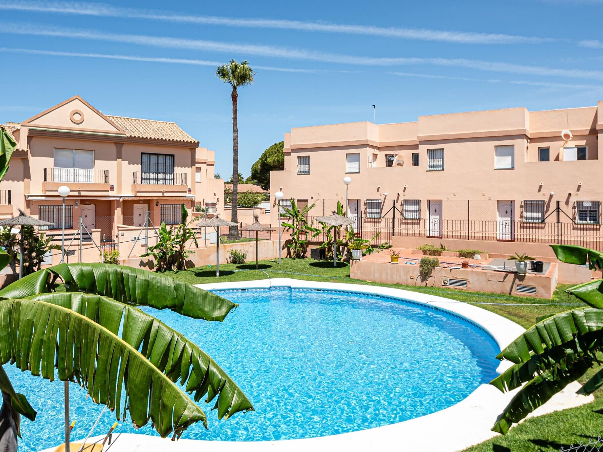 A swimming pool surrounded by palm trees and a building with balconies.