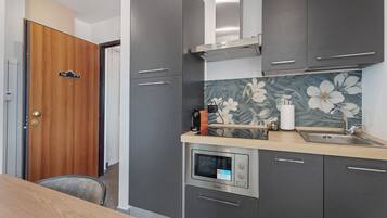 Fridge, microwave, stovetop, coffee/tea maker