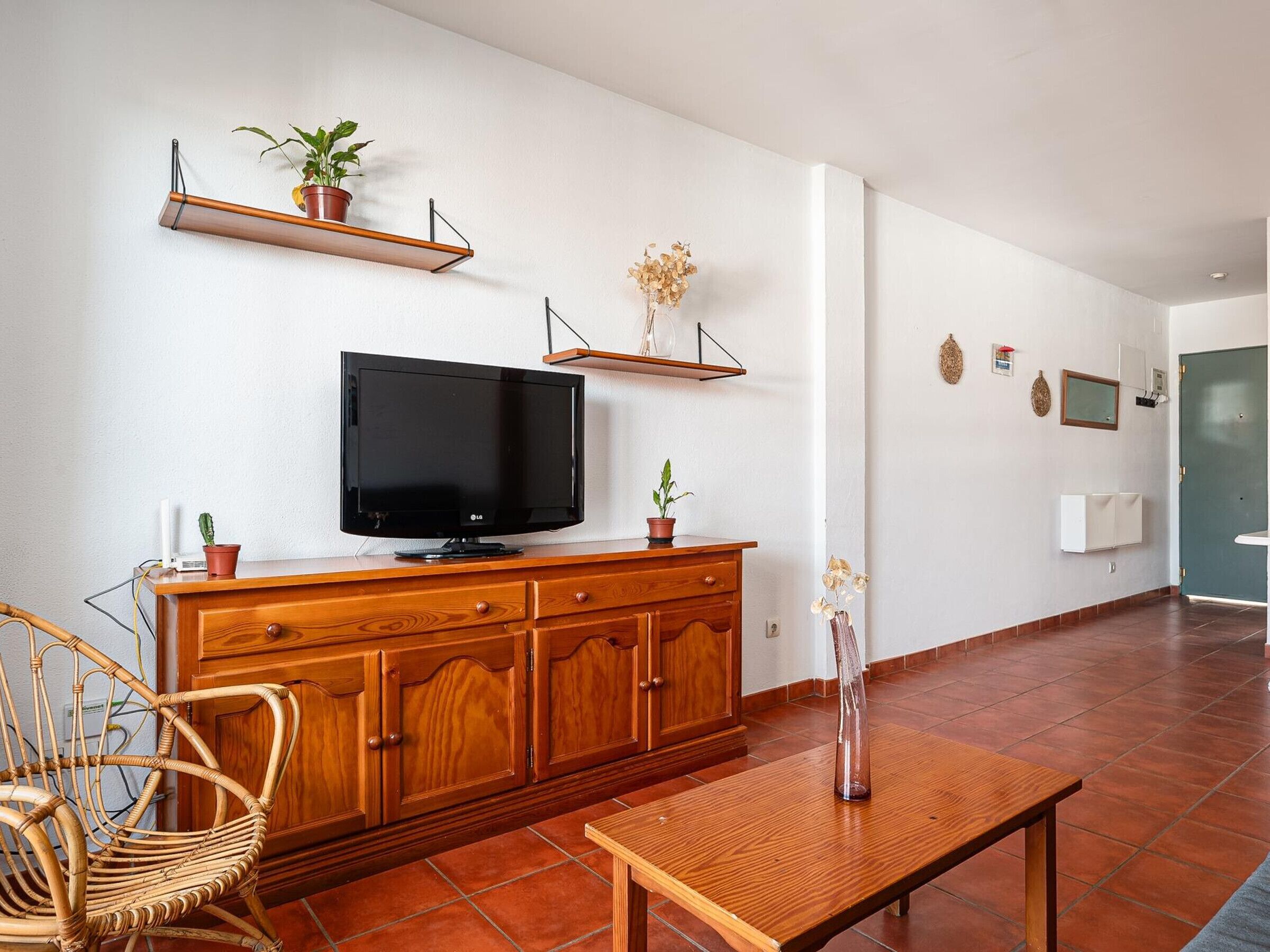 Un salon avec un téléviseur posé sur un meuble en bois, un fauteuil en osier, une petite table avec un vase et des étagères murales ornées de plantes.