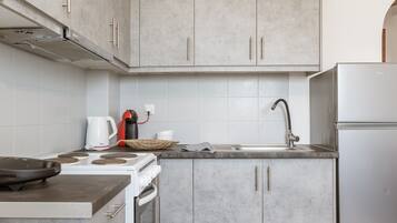 Fridge, oven, stovetop, coffee/tea maker
