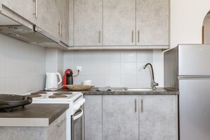 Fridge, oven, stovetop, coffee/tea maker