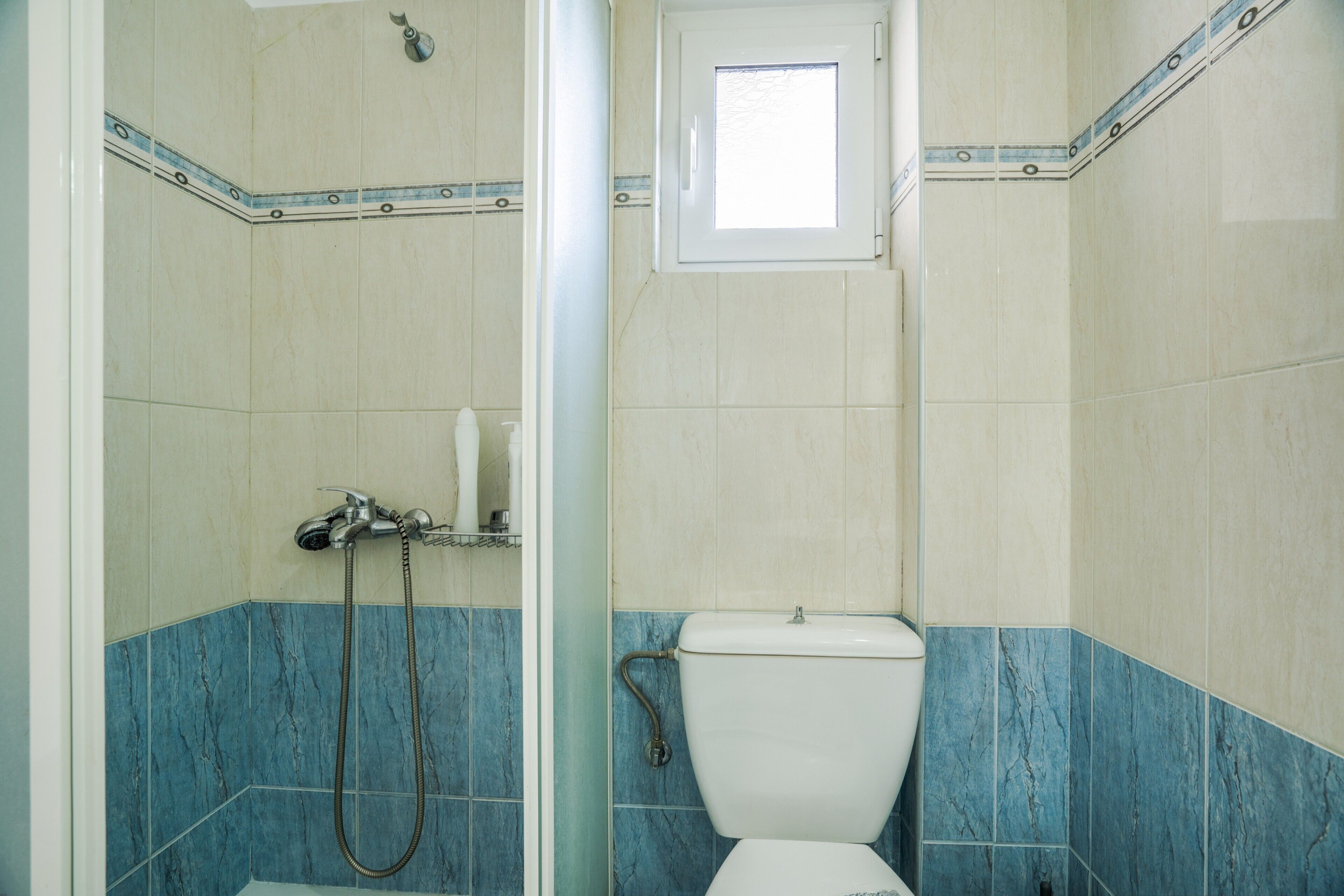 A bathroom with a shower, toilet, and a small window.