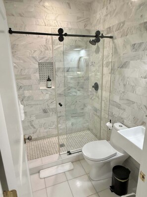 Shower, hair dryer, towels, shampoo
