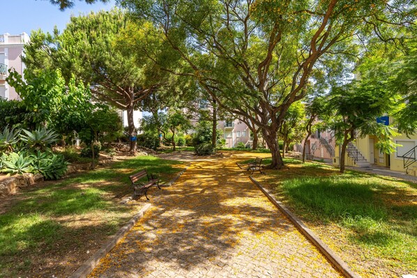 Un sentier dallé, agrémenté de bancs, bordé d’arbres et de verdure.