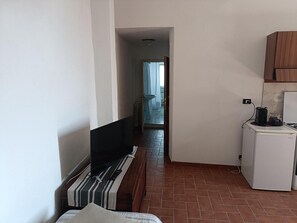 Een ruimtelijk ingerichte leefruimte met een kitchenette, een televisie op een standaard, een koelkast en een betegelde vloer.