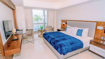 In-room safe, desk, laptop workspace, blackout curtains