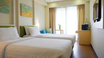 In-room safe, desk, laptop workspace, blackout curtains