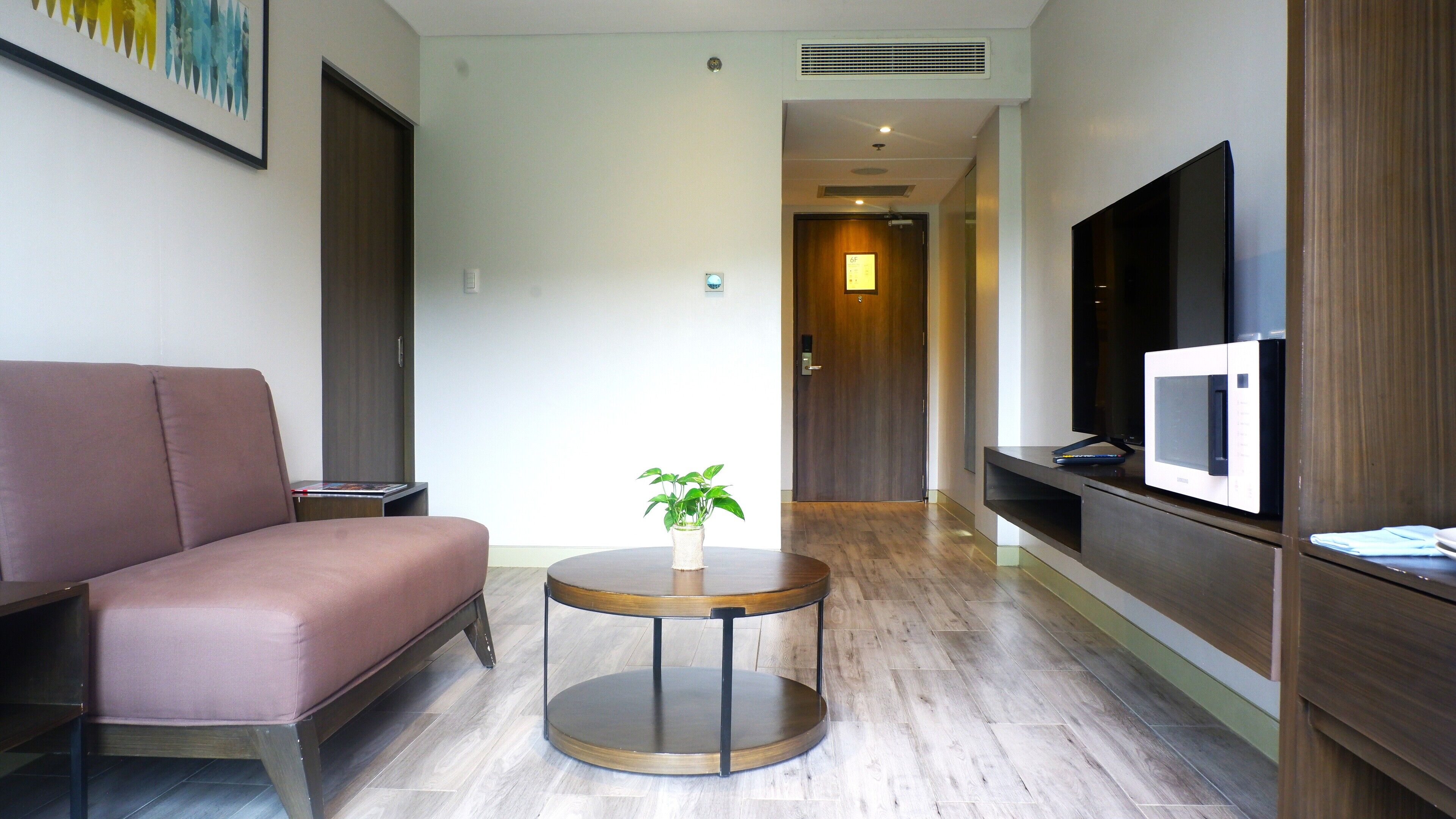 Una habitación de hotel moderna con un sofá, una pequeña mesa redonda con una planta, un televisor de pantalla plana y un microondas.