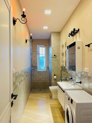 Shower, hair dryer, towels, soap