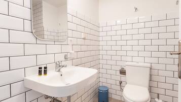 Shower, hair dryer, soap, shampoo