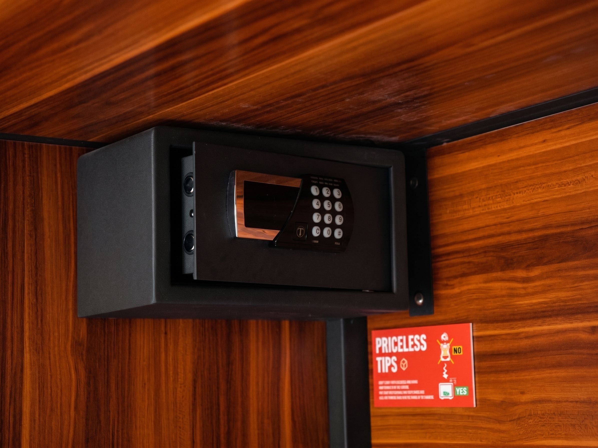 A black security keypad mounted on a wooden wall with a sign below it.