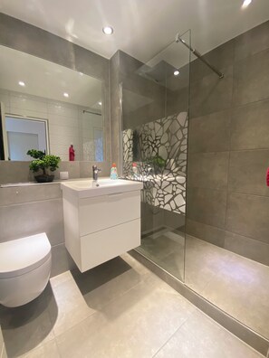 Shower, hair dryer, towels, soap