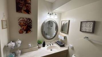 Hair dryer, towels, soap, shampoo