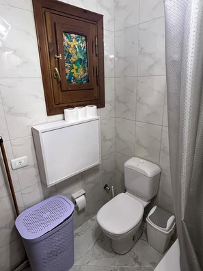 Hair dryer, bidet, towels, soap