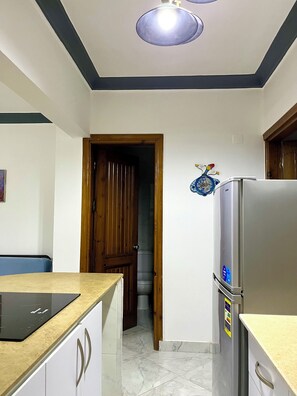 Fridge, microwave, stovetop, electric kettle