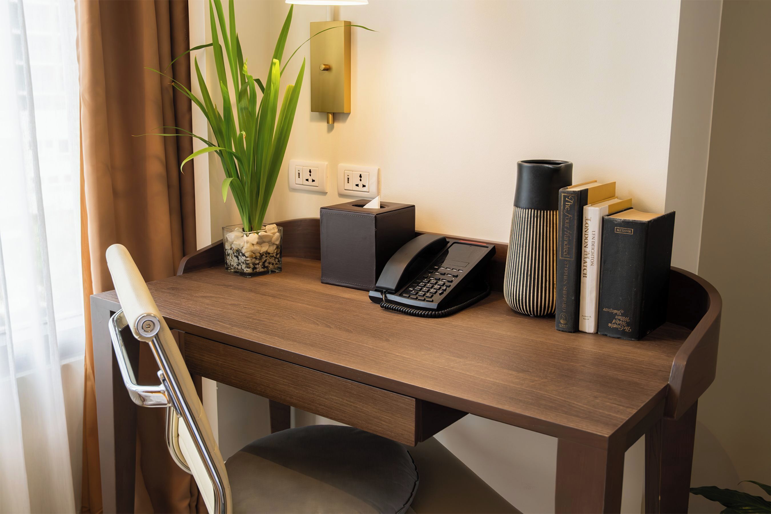 A wooden desk with a telephone, books, a lamp, and a plant.