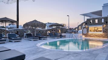 Outdoor pool, pool umbrellas, pool loungers