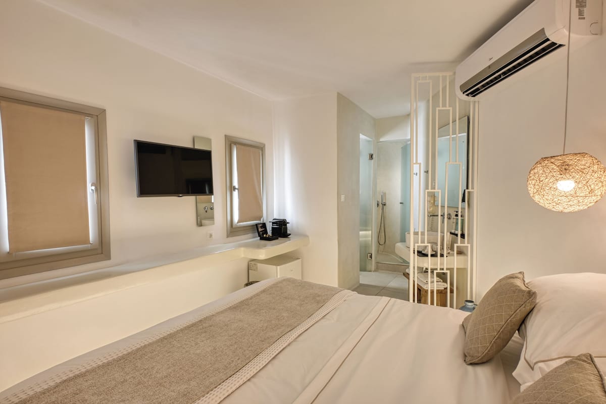 Une chambre d’hôtel équipée d’un lit, d’une télévision, d’un miroir, d’une coiffeuse et d’un espace douche.