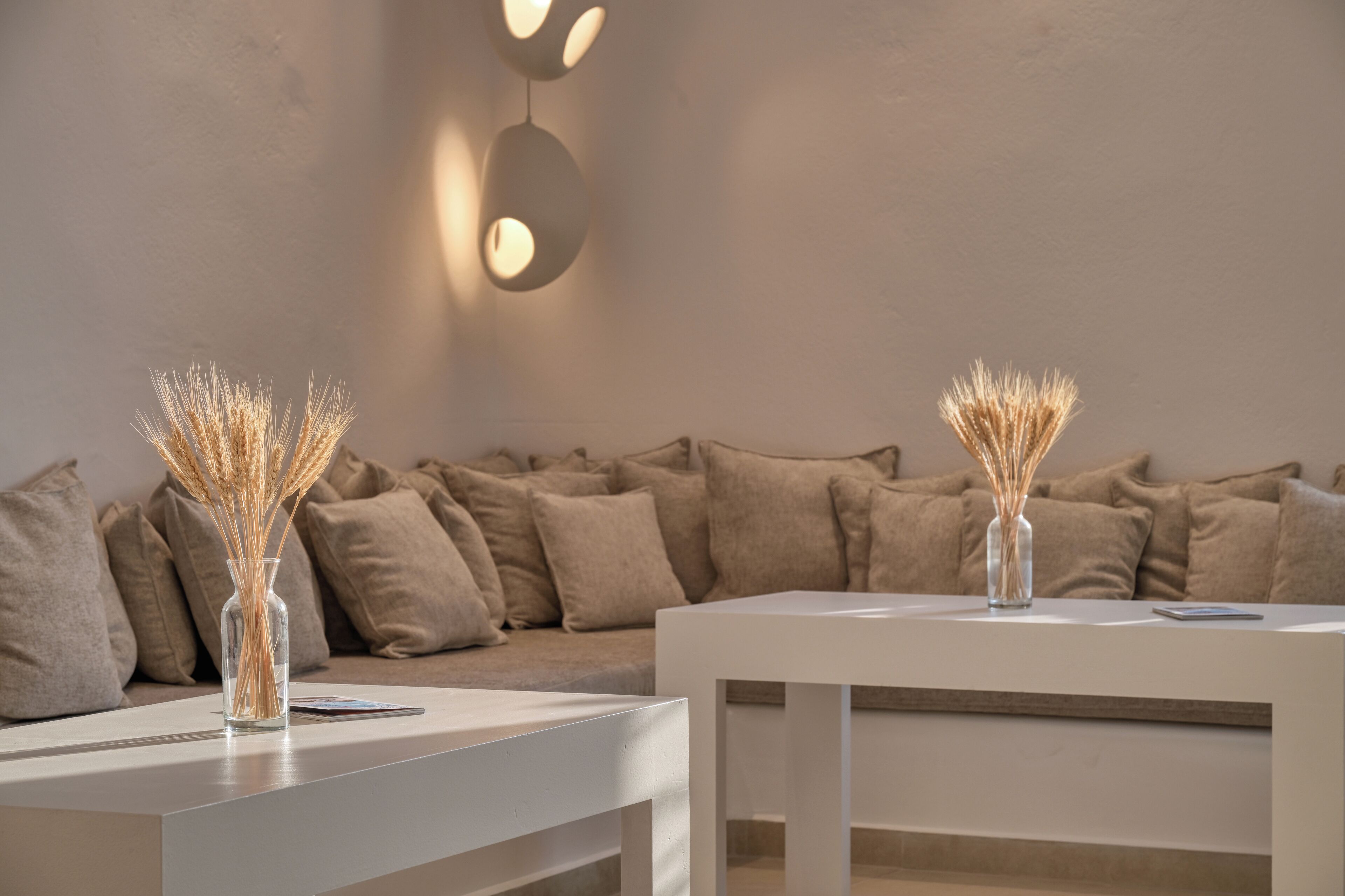 Un salon moderne avec un canapé et deux tables blanches, chacune surmontée d’un vase transparent contenant des plantes séchées.