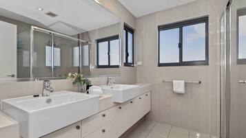Shower, hair dryer, towels