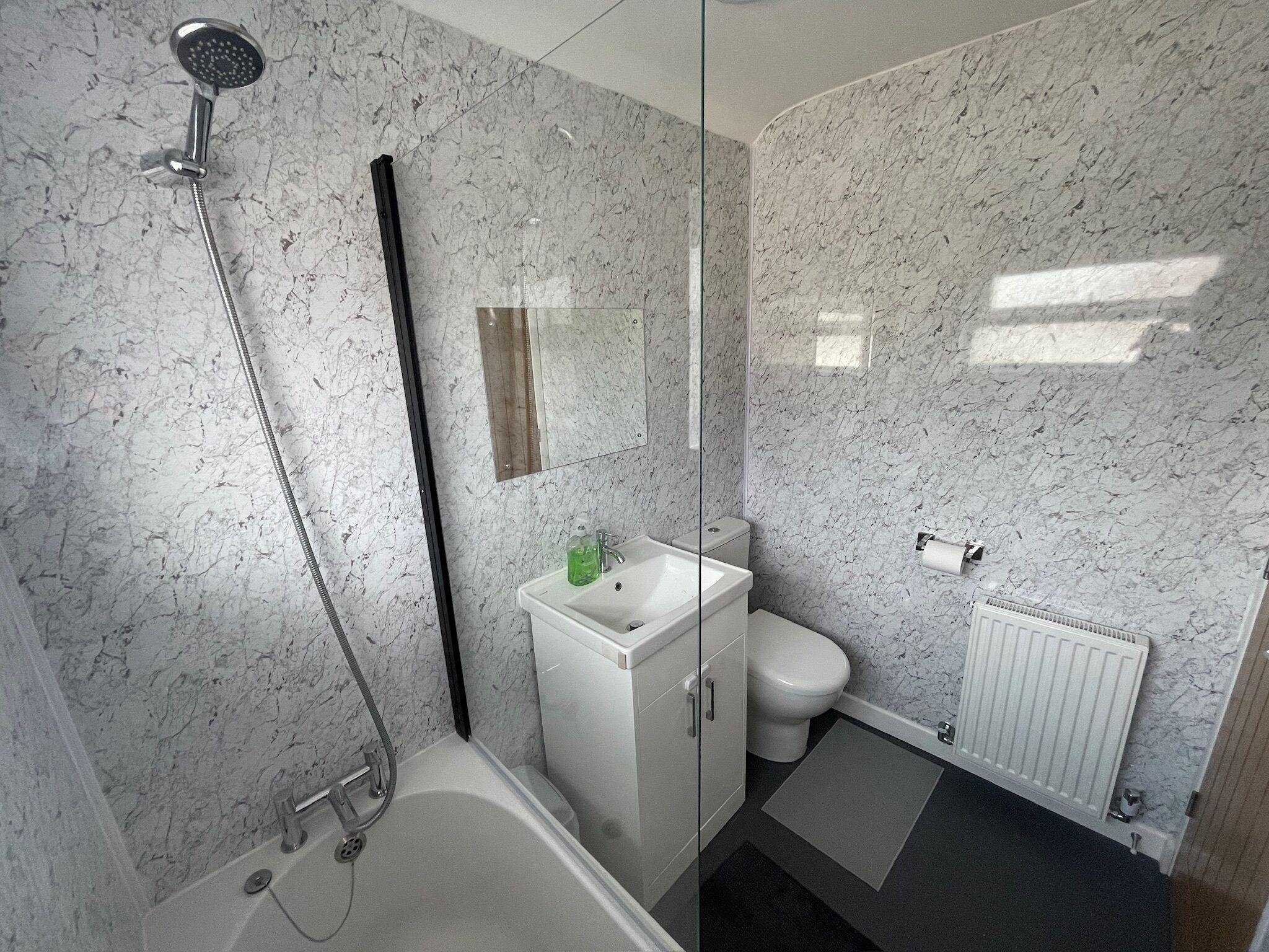 Hair dryer, towels, soap, shampoo