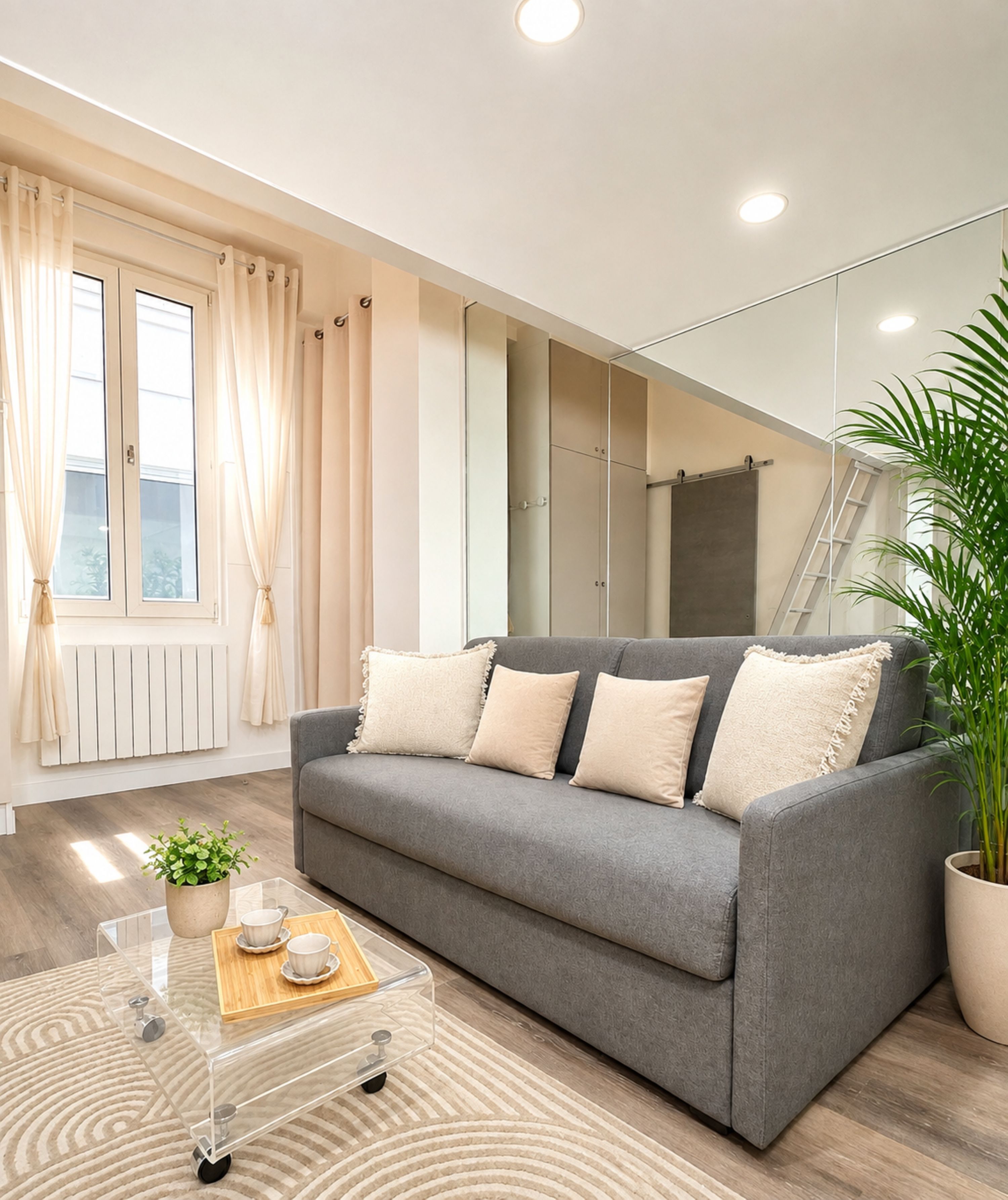 A modern living room with a grey sofa, a glass coffee table with a tray, and a potted plant.