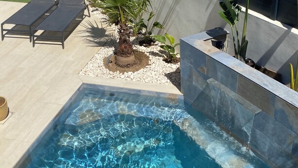 A swimming pool with clear water, surrounded by a tiled deck and a small garden with a palm tree and other plants.