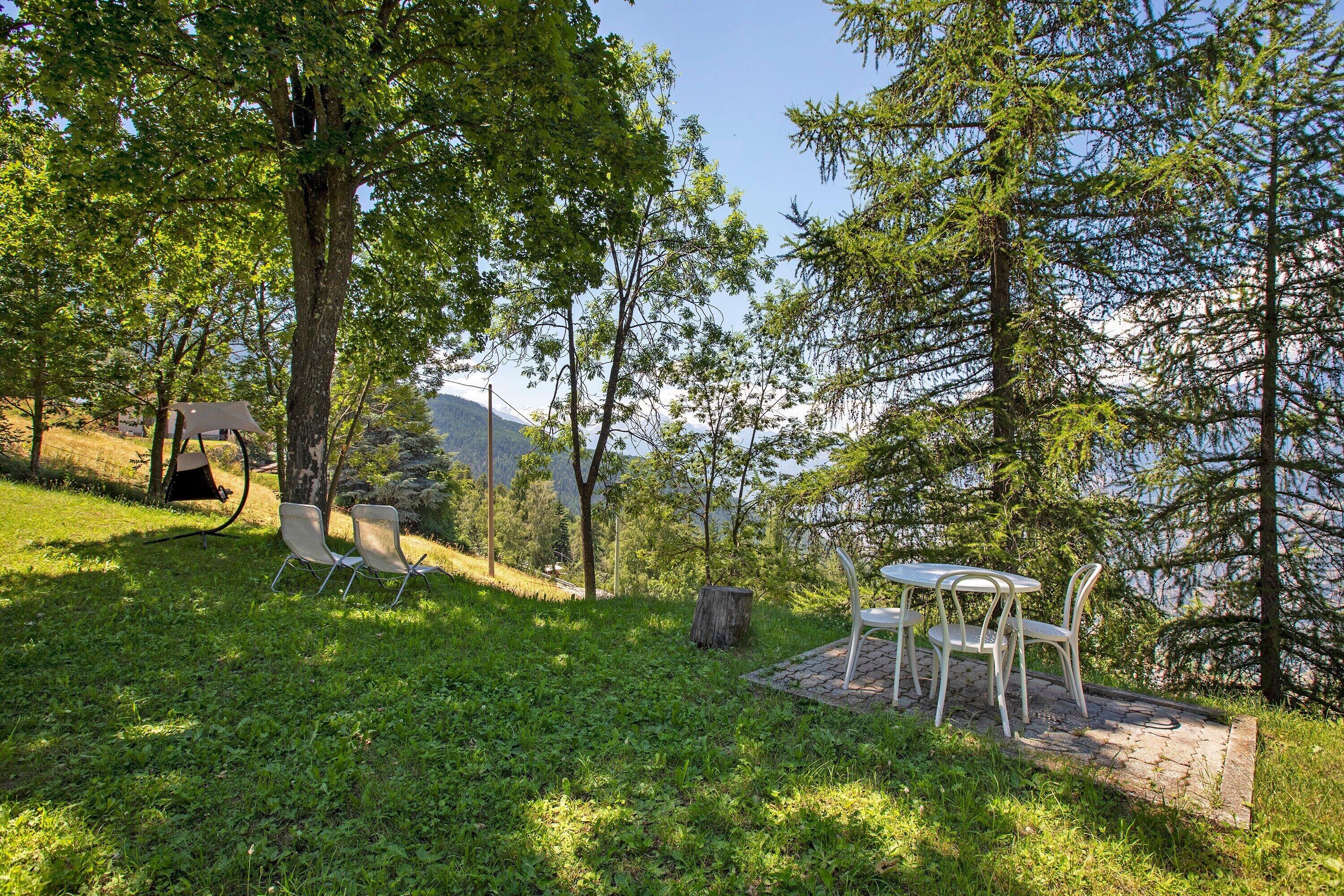 Un espace extérieur verdoyant avec une table et des chaises, un banc en bois et un arbre.