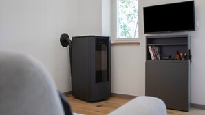 A room with a modern, dark-colored heater, a flat-screen TV mounted above a bookshelf, and a window with a view of trees. - 'Coin Vert' Apartment with Mountain Views, Shared Garden and Wi-Fi (Gressan)