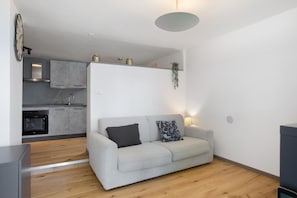 A modern living room with a grey sofa, a small kitchen area in the background, and a wooden floor.