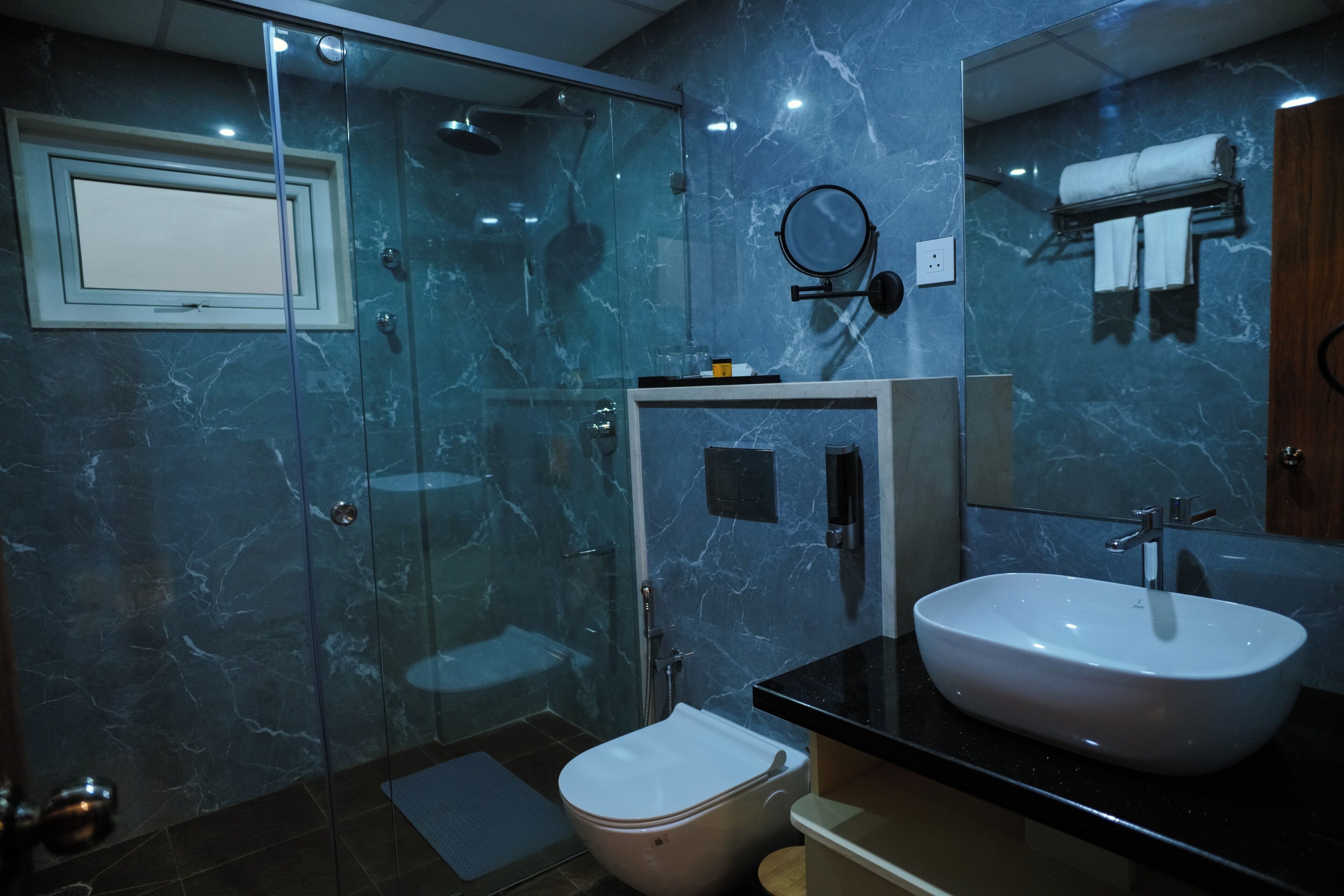 Une salle de bain avec une douche à parois de verre, des toilettes blanches, un lavabo et un miroir.