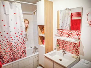Hair dryer, towels, soap, toilet paper