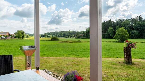 A covered outdoor area with a grill, a table, and a view of a green field and trees. - Apartment 'Mayerhofer 1' with Private Terrace, Shared Garden and Wi-Fi (Arnstorf)