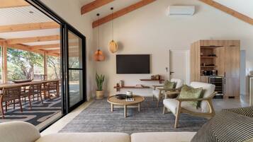 Vila superluxo, 2 quartos, varanda, vista para o rio | Área de estar | TV de tela plana, impressoras