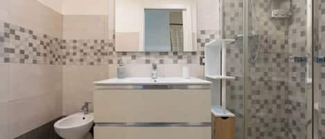 Shower, hair dryer, bidet, towels