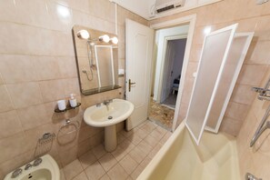 Hair dryer, bidet, towels, soap