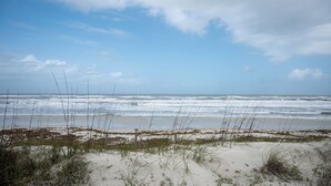 Ein Strand mit Wellen, Sand und Gras.