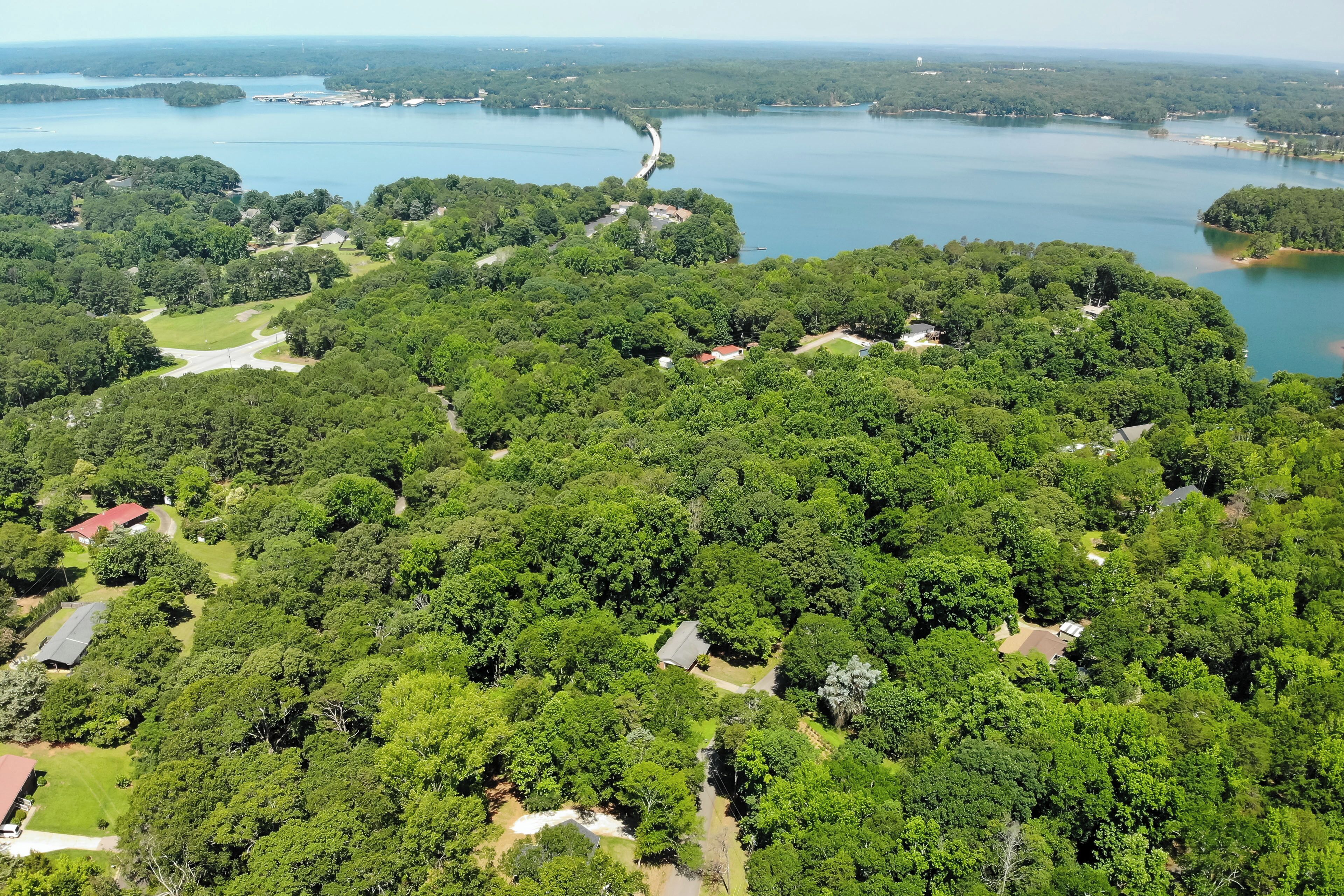 An aerial view of a forested area with scattered buildings, a winding road, and a large body of water in the background.