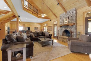 Spacious open concept with kitchen, dining, and living all connected.
