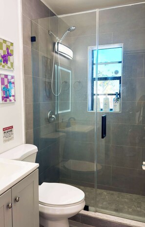 Shower, hair dryer, towels
