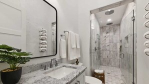 Une salle de bain moderne avec un lavabo en marbre, une douche en verre et une plante en pot.