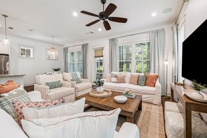 TV, offices - Pet-Friendly Luxe Getaway w/Chef’s Kitchen, Bikes, Porch, & Easy Access to Beach (Watersound West)