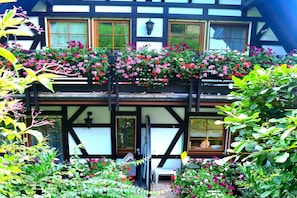 Edifici tradicional amb un balcó decorat amb flors, una panxa de vidre i una banca de fusta.
