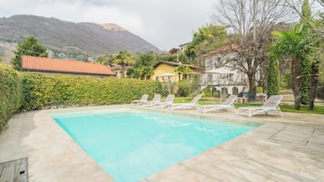Seasonal outdoor pool, pool umbrellas, pool loungers