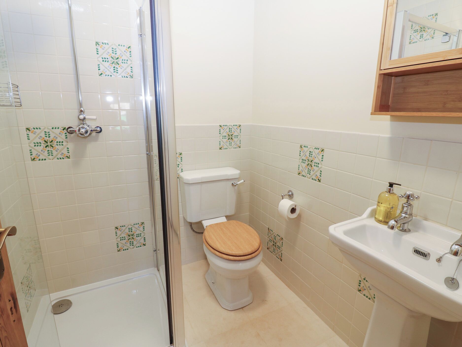 Une salle de bain avec douche, toilettes et lavabo.