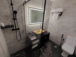 Un baño moderno con ducha acristalada, tocador con espejo y un inodoro.